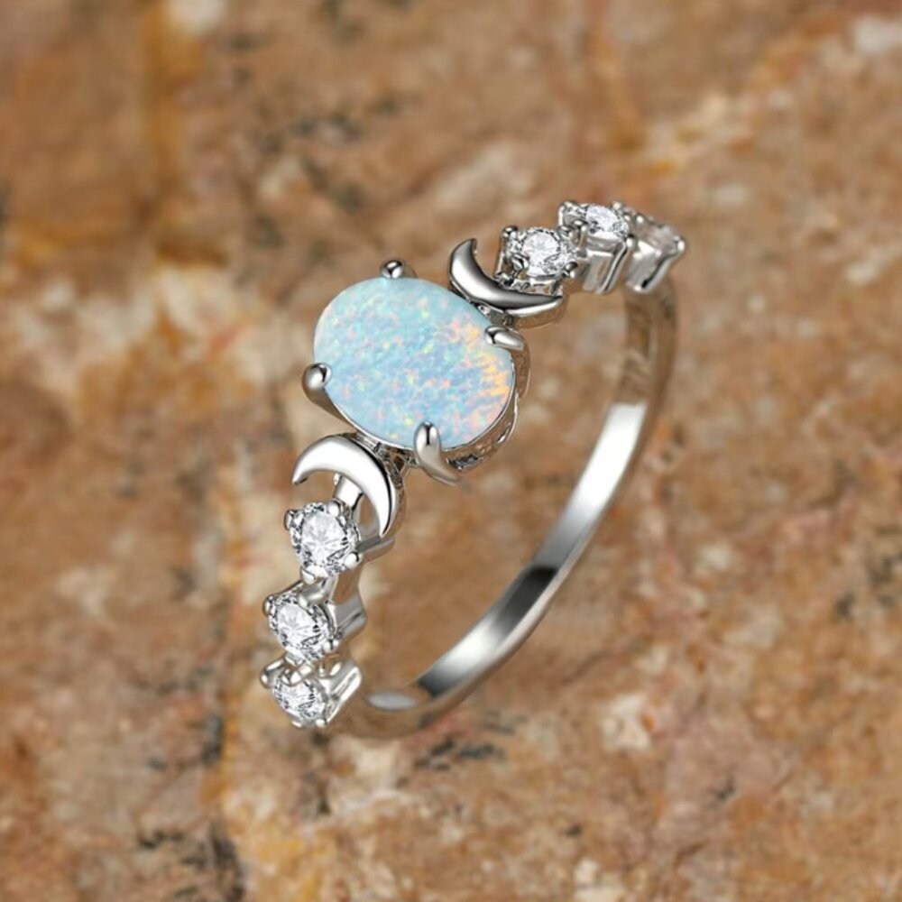 NEW 18k White Gold White Fire Opal Diamond Ring Dainty Moon Ring
